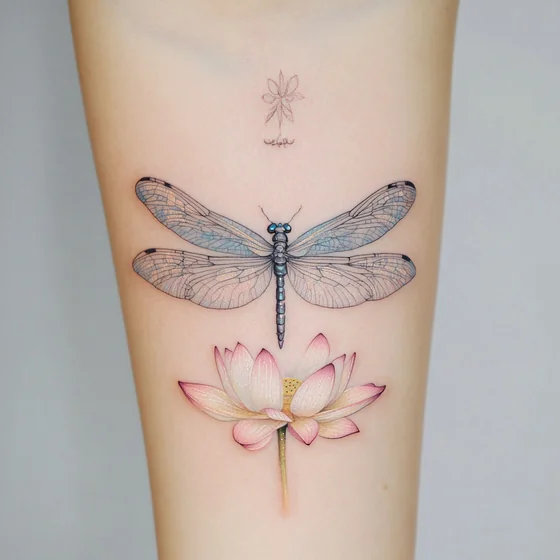 Fine Line Watercolor Dragonfly and Lotus tattoo design for women on forearm
