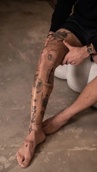 Fine line patchwork tattoo idea for men with Saint Michael, owl, tiger, architecture on leg tattoo ideas