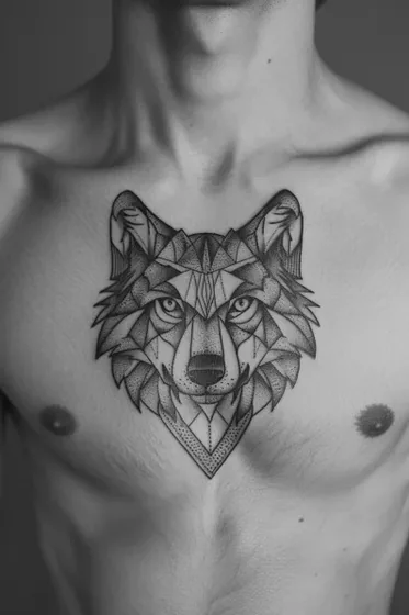 Geometric dotwork wolf tattoo design for men on chest