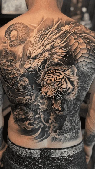 Japanese Realism dragon and tiger tattoo design for men on back