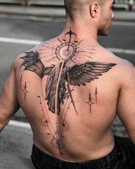Realistic geometric angel, clock, libra tattoo design for men on back tattoo ideas