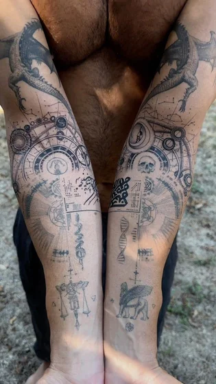 Technical Drawing Fine Line Geometric dragon skull tattoo design for men