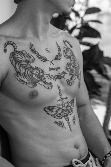 Traditional patchwork tiger, Scorpio, moth, skull tattoo idea for men on chest
