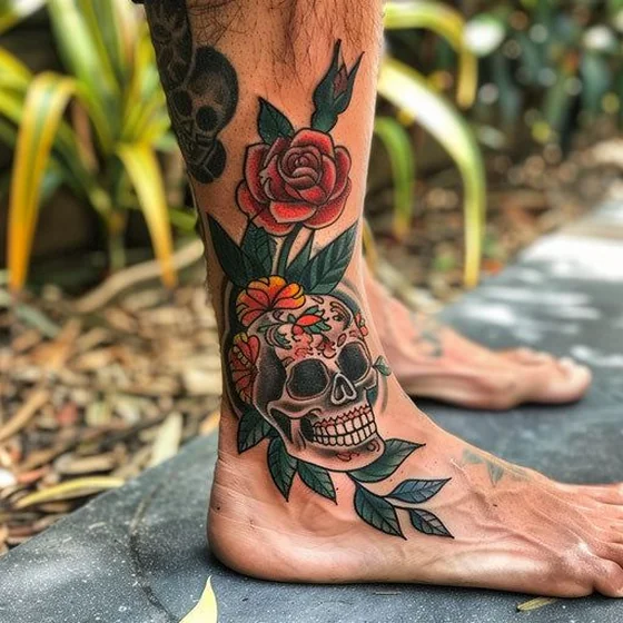 Traditional skull, rose, floral tattoo design for men on calf and ankle