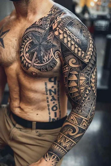 Tribal geometric star tattoo design for men on full sleeve and chest tattoo ideas