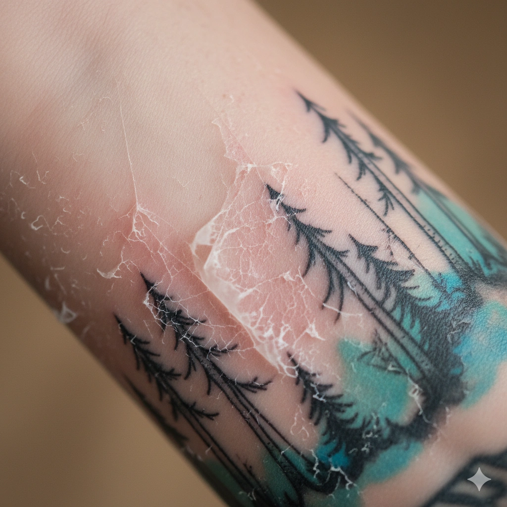 tattoo healing stages – forearm tattoo peeling close-up